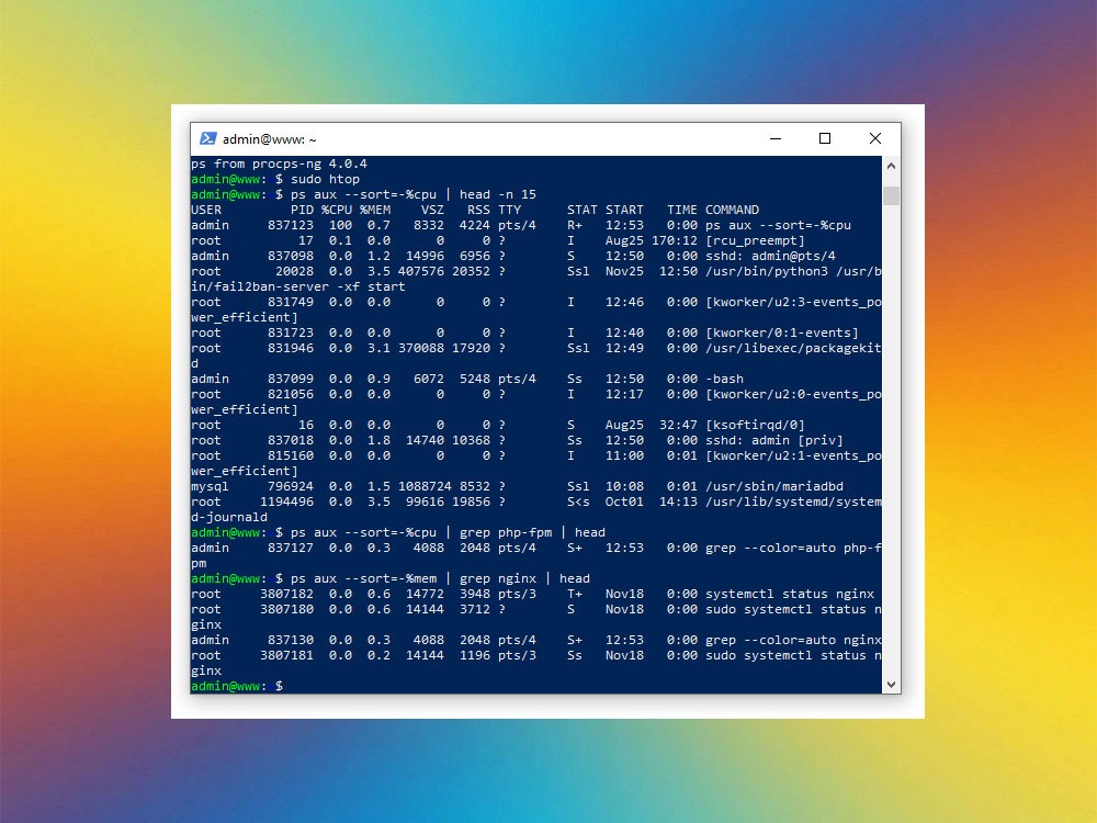 Сортировка процессов по CPU через ps aux