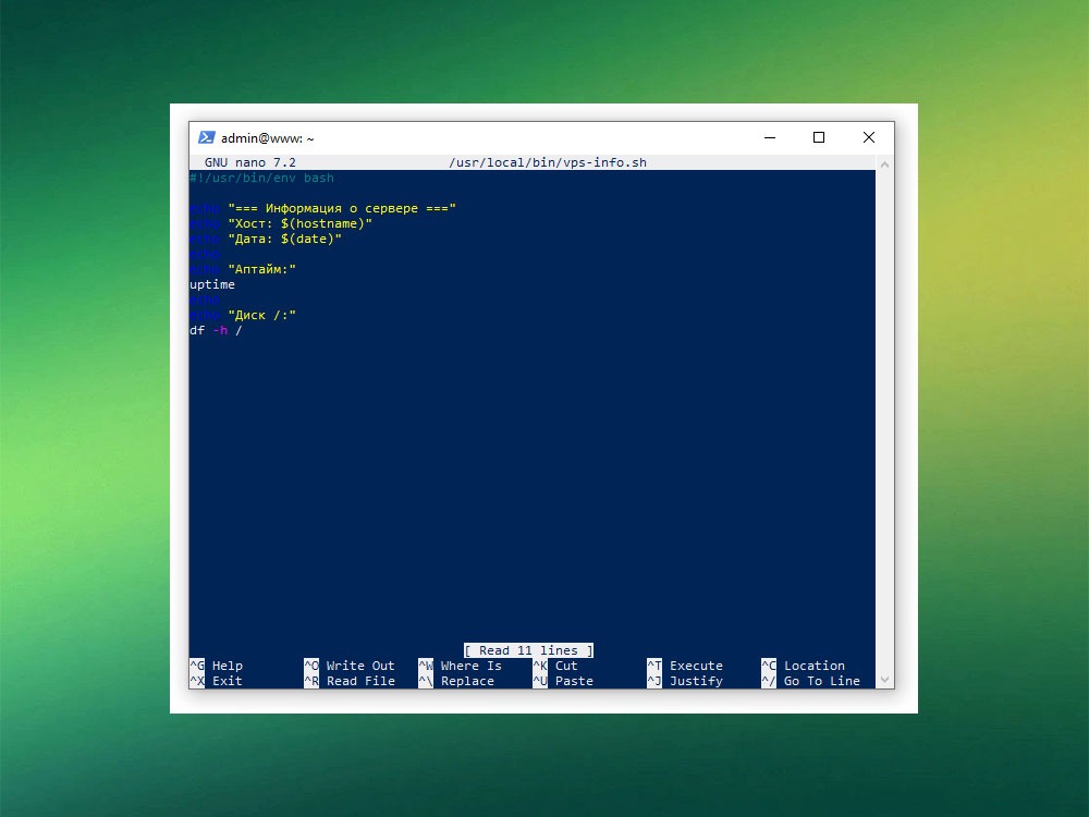 Редактирование простого Bash-скрипта vps-info.sh в редакторе nano
