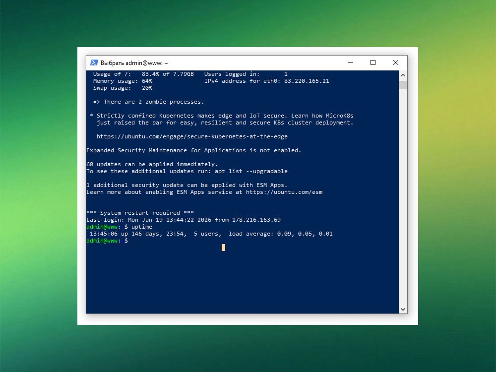 Проверка load average и свободного места на диске через uptime и df -h