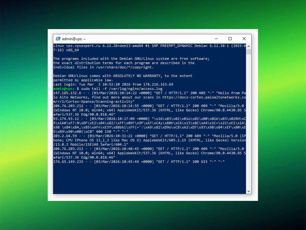 Просмотр логов nginx через tail -f