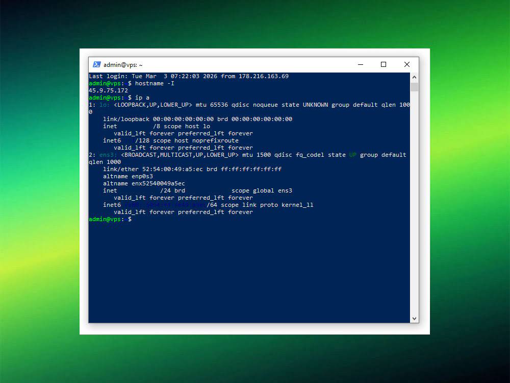 Проверка IP и интерфейса на VPS: hostname -I и ip a